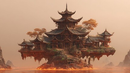 Floating temple mockup with hovering UI panels over lava pool under orange sky