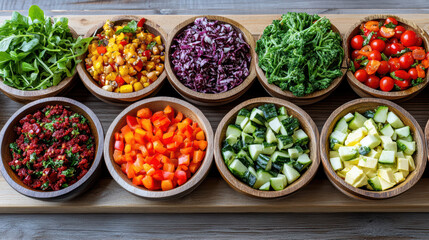 Fresh chopped vegetable salad bowls arranged on wooden board with vibrant colors