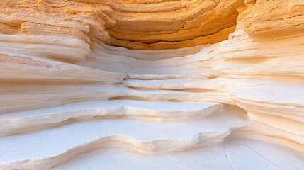 Soft layered sandstone cliffs with warm golden upper strata and smooth white ledge steps