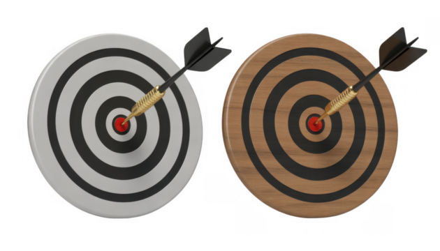 Two dartboards one white one wood with darts in the bullseye isolated on a transparent background