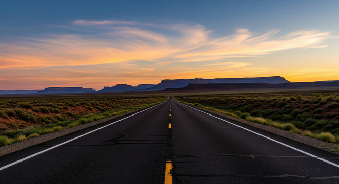Scenic Desert Road at Sunset with Distant Mesas - Powered by Adobe