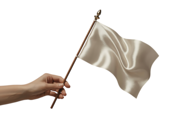 Hand holding a white silk flag waving on a wooden pole isolated on transparent background