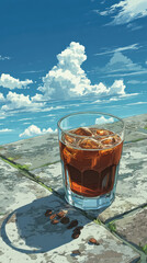 Refreshing Iced Coffee on a Sunny Day: Anime Style Still Life with Coffee Beans, Blue Sky, and Clouds, Perfect for Summer Relaxation and Coffee Lovers