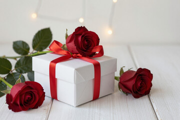 White gift box with red ribbon and fresh red roses on a rustic wooden background, softly illuminated by delicate bokeh lights, perfect for romance