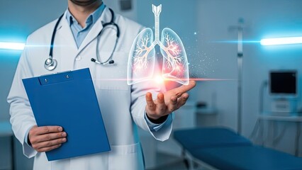 Doctor holding glowing digital lungs, showing respiratory health and diagnosis