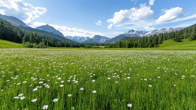 Alpine meadow with wildflower daisies and distant snowcapped mountains under blue sky - Powered by Adobe
