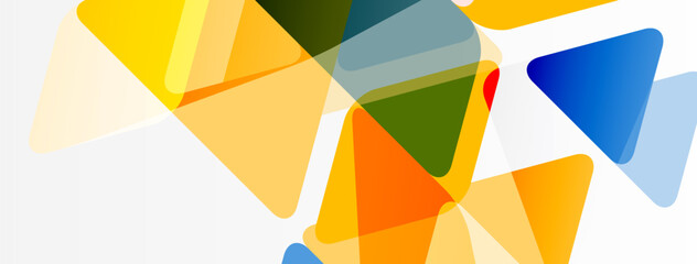 Abstract geometric shapes overlap, creating vibrant color blends. Yellows, oranges, blues dominate composition. Minimalist design, modern aesthetic.