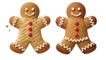 Two gingerbread man cookies with white icing and red candy buttons on black isolated on a transparent background