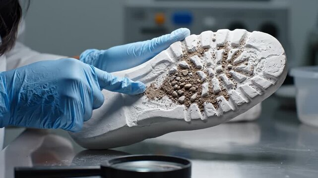 Forensic Scientist Examining Shoe Print Evidence Under Microscope in Lab