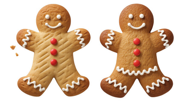 Two gingerbread man cookies with white icing and red candy buttons on black isolated on a transparent background