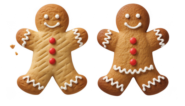 Two gingerbread man cookies with white icing and red candy buttons on black isolated on a transparent background