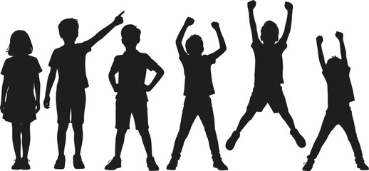 Set of six diverse children silhouettes jumping, pointing, and standing together representing joy and youthfulness.