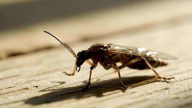 Extreme closeup macro shot of a small brown insect, possibly a stonefly or mayfly, resting on a textured wooden surface in warm sunlight