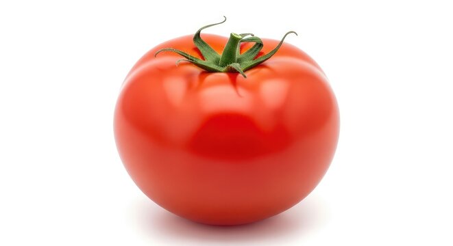 Fresh vibrant tomato on white background, perfect for healthy eating campaigns and recipes, showcasing simple food ingredients for delicious meals