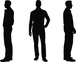 Collection of three male silhouettes in casual shirts, featuring front and side profile views for design use. © Md Rofequl Islam