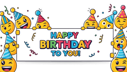 A cheerful vector illustration of cartoon emoticons wearing party hats, holding a large banner for a festive celebration greeting