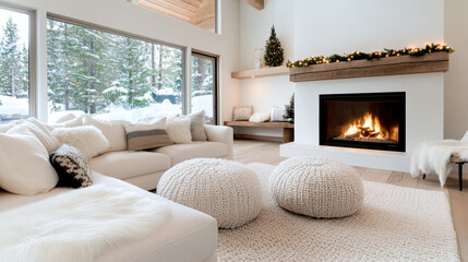 Obraz premium Cozy living room fireplace winter cabin with snowy window view
