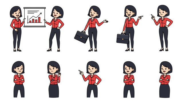 Set of illustrations of a businesswoman in various poses, conveying professionalism and dynamism in a corporate setting