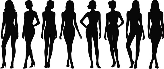 Collection of eight beautiful female silhouettes in swimsuits, posing elegantly for fashion, summer, or beach themes.