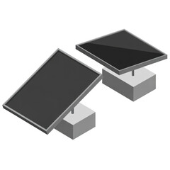 Two grey solar panels with black surfaces on light grey bases isolated on a transparent background