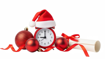 Festive christmas arrangement featuring a clock with santa hat and ornaments on a black background on transparent background