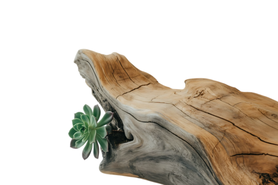 Small green succulent plant growing from weathered driftwood isolated on transparent background