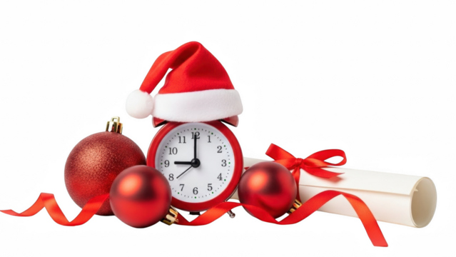 Festive christmas arrangement featuring a clock with santa hat and ornaments on a black background on transparent background - Powered by Adobe