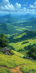 Obraz premium Scenic Mountain Landscape with Green Hills, Meadows, and Blue Sky with Clouds, Serene Nature Scenery, Peaceful Valley, and Distant Mountain Range,