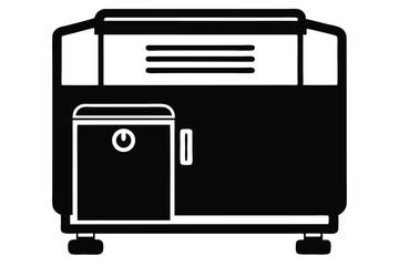 Black and white icon shows front view of portable generator on wheels