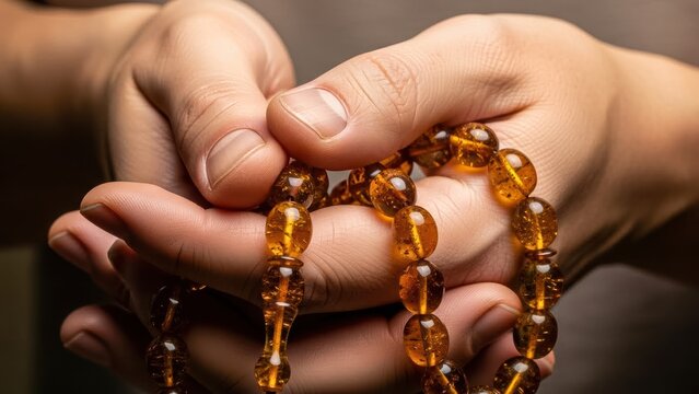 Hands holding amber prayer beads for meditation and reflection