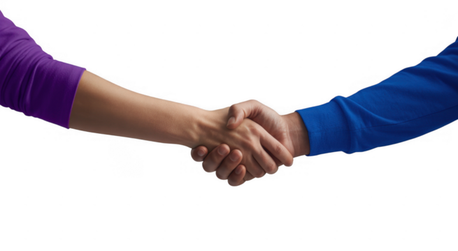 Two hands shaking one purple sleeve other blue sleeve isolated on a transparent background