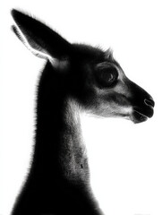 Fototapeta premium Striking Black and White Portrait of a Young Guanaco Head and Neck in Profile Against a Bright White Background, Showcasing Detailed Fur Texture