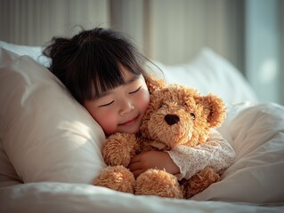 Little girl cuddles a teddy bear in bed, creating a serene and cozy bedtime scene full of warmth and comfort.