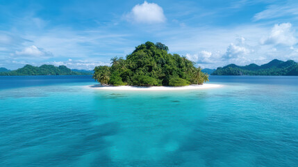 Fototapeta premium Tropical island turquoise water white sand palm tree lush greenery sunny sky