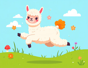 Fototapeta premium Jumping Alpaca Surprised by Mushroom Vector Art
