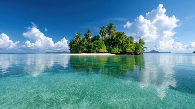 Tropical island palm tree white sand turquoise water calm sky serene