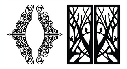 Black Ornate Decorative Frame and Two Vertical Panels with Birds border scrollwork