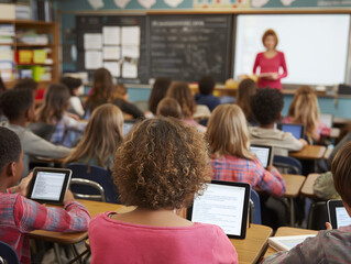 Students attentively use tablets while a teacher guides them in a bright classroom environment Generative AI
