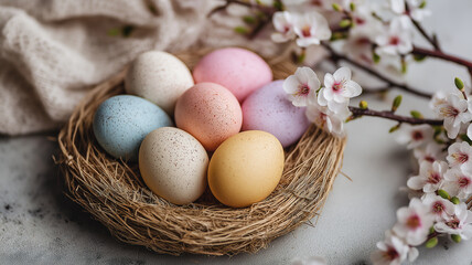 Obraz premium Colorful Easter eggs sit peacefully in a cozy nest surrounded by lovely spring blossoms Generative AI