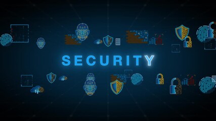 Security technology icons with biometric face scan shield lock and digital protection elements in cyber network - Powered by Adobe