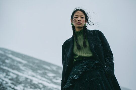 A fashionable woman with braided hair stands confidently in a snowy mountain landscape, exuding elegance amidst the chilly weather.