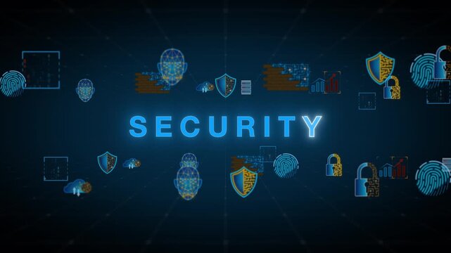 Security technology icons with biometric face scan shield lock and digital protection elements in cyber network