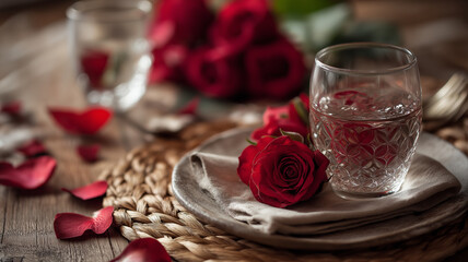 A lovely display of red roses, water, and petals sets a romantic mood Generative AI
