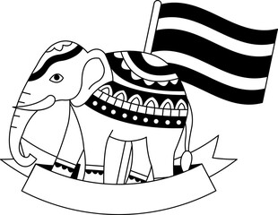 black and white illustration of An elephant with thai flag