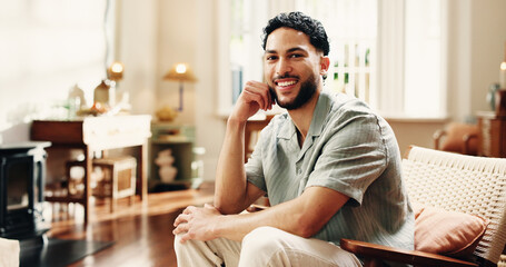 Portrait, relax and smile with man in living room for comfort, rest and wellness in apartment. Chill, sofa and happy person in home with positive attitude, peace and calm with confidence in Mexico