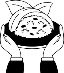 black and white two hand holding a thai mango sticky rice