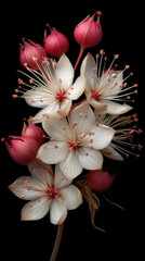 Elegant Grass-of-Parnassus Flowers and Seed Pods Against Black Background, Close-Up Macro Floral Still Life, Delicate White Petals and Red Accents