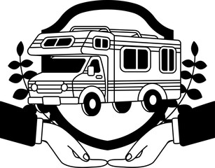 black and white two hand holding a shield and a camper van