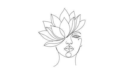 Elegant one line art of a woman's face with a lotus blossom, a continuous minimalist drawing vector graphic for beauty and wellness concepts.a