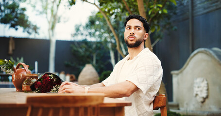 Thinking, waiting and man with flowers, date delay and contemplation with Valentines day. Home,...